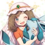  1girl ;d bangs blush brown_hair collarbone commentary_request eyelashes gen_4_pokemon glaceon green_eyes hands_up haruka_(pokemon) holding holding_pokemon medium_hair one_eye_closed open_mouth pokemon pokemon_(anime) pokemon_(creature) pokemon_dppt_(anime) short_sleeves smile tongue upper_body veil zuizi 