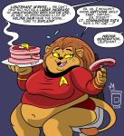  absurd_res anthro beef bodily_fluids butter caitian dairy_products dialogue english_text felid female food hi_res m&#039;ress mammal meat obese obese_anthro obese_female overweight overweight_anthro overweight_female royaljellysandwich solo star_trek steak sweat text unseen_character 