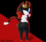  anthro atlus big_butt black_body black_fur blue_eyes bottomless butt clothed clothing crown domestic_cat felid feline felis fur hand_on_hip licking littletrixter looking_back male mammal megami_tensei megami_tensei_persona morgana_(persona) partially_clothed presenting presenting_hindquarters rear_view seductive self_lick simple_background smile solo standing thick_thighs tongue tongue_out video_games wide_hips 