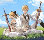  1boy 1girl ahoge arthur_pendragon_(fate) artoria_pendragon_(all) avril214 bare_shoulders blonde_hair blue_eyes breasts cleavage commentary_request detached_collar dress fate/grand_order fate_(series) gloves grass hair_between_eyes high_heels highres holding holding_sword holding_weapon looking_at_viewer merlin_(fate) pants pantyhose ponytail saber_lily scabbard sheath sheathed sitting small_breasts smile sword teeth weapon 