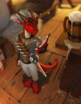  alcohol anthro armor beverage clothed clothing cronux(character) kobold madness_demon male melee_weapon solo sword tavern weapon 