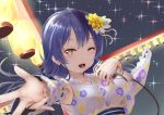  1girl armpit_peek bangs blue_hair blush detached_sleeves eyebrows_visible_through_hair floral_print flower hair_flower hair_ornament hayaoki_(asagi-iro_seishun-bu) holding holding_microphone lantern long_hair looking_at_viewer love_live! love_live!_school_idol_festival love_live!_school_idol_project microphone night one_eye_closed open_mouth outdoors outstretched_arm paper_lantern smile solo sonoda_umi yellow_eyes 