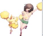  1girl arm_up bangs blush brown_hair collarbone commentary_request eyelashes gen_7_pokemon green_shorts imitating knees leg_up mizuki_(pokemon) one_eye_closed open_mouth oricorio oricorio_(pom-pom) pokemon pokemon_(creature) pokemon_(game) pokemon_sm pom_poms shirt short_shorts short_sleeves shorts tied_shirt white_background yellow_shirt zuizi 