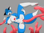  4:3 anthro big_breasts blue_body blue_fur blue_hair breasts canid canine diamonsion female fox fur genitals grabbing hair hi_res long_ears mammal nipples nude open_mouth pussy simple_background skinny spread_legs spreading tentacle_sex tentacles thick_thighs 