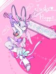  2020 anthro blush bottomwear clothed clothing dipstick_ears disney english_text female fully_clothed fur grey_body grey_fur head_tuft hi_res holding_object holding_sword holding_weapon judy_hopps lagomorph leporid mammal melee_weapon memegmu multicolored_ears one_eye_closed pink_background purple_eyes rabbit ribbons simple_background skirt smile solo sparkles sword text tuft weapon zootopia 