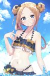  1girl abigail_williams_(fate/grand_order) bangs bare_shoulders bikini black_bikini black_bow black_skirt blonde_hair blue_eyes blue_sky blush bow breasts closed_mouth collarbone double_bun emerald_float fate/grand_order fate_(series) forehead frilled_bikini frills highres long_hair looking_at_viewer microskirt multiple_bows navel nekonosuke ocean orange_bow parted_bangs polka_dot polka_dot_bow sidelocks skirt sky small_breasts smile swimsuit wading water wet 