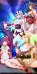  5girls armpits bare_shoulders barefoot benienma_(fate/grand_order) black_bra black_nails blonde_hair bra breasts brown_eyes brown_hair chest_tattoo closed_eyes collarbone commentary_request corn cotton_candy cup detached_sleeves drinking eating facial_tattoo fang fate/grand_order fate_(series) food hair_between_eyes hat highres holding holding_food horns ibaraki_douji_(fate/grand_order) japanese_clothes kijo_kouyou_(fate) kimono large_breasts long_hair looking_at_viewer maho_(yakimorokoshi) multiple_girls noodles off-shoulder_kimono oni oni_horns purple_eyes purple_hair purple_kimono red_eyes sakazuki short_hair shuten_douji_(fate/grand_order) silver_hair single_detached_sleeve sky small_breasts star_(sky) starry_sky tattoo tomoe_gozen_(fate/grand_order) underwear white_kimono yellow_eyes 