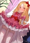  1girl absurdres alternate_legwear blonde_hair blurry blurry_background blush bow bowtie commentary_request dress drill_hair dutch_angle eromanga_sensei hair_bow highres huge_filesize indoors long_hair long_sleeves looking_at_viewer pink_dress red_bow red_eyes skirt_hold solo thighhighs uedrk_yamato upskirt white_legwear yamada_elf zettai_ryouiki 