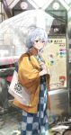 1girl absurdres bag blue_kimono brown_coat car checkered checkered_kimono city coat commentary_request fate/grand_order fate_(series) fujimaru_ritsuka_(female) ground_vehicle hair_between_eyes highres holding holding_umbrella japanese_clothes kimono light_blush light_smile long_hair looking_at_viewer motor_vehicle red_eyes signature silver_hair solo tomoe_gozen_(fate/grand_order) umbrella vegetablenabe 