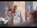  1girl angelina_(arknights) animal arknights bag bird brown_hair building cloud flying highres jacket red_shirt rhodes_island_logo shirt shoes short_twintails shorts socks solo staff twintails zuosi_zhichu 