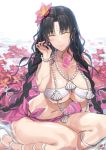  1girl bangs bare_shoulders bikini black_hair blush bracelet braid breasts chest_tattoo cleavage closed_mouth earrings facial_mark fate/grand_order fate_(series) flower forehead_mark hair_flower hair_ornament jewelry large_breasts looking_at_viewer multicolored_hair navel necklace okitakung parted_bangs pearl_bracelet pearl_necklace pink_hair sarong sesshouin_kiara sesshouin_kiara_(swimsuit) smile streaked_hair swimsuit tattoo thighs twin_braids water wavy_hair wet white_bikini yellow_eyes 