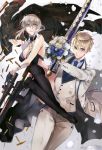  1boy 1girl arthur_pendragon_(fate) artoria_pendragon_(all) bare_shoulders blonde_hair breasts cleavage cowboy_shot eyebrows_visible_through_hair fate/grand_order fate_(series) flower formal full_body gloves gun hair_between_eyes highres holding holding_gun holding_sword holding_weapon large_breasts looking_at_viewer pvc_parfait rifle saber_alter sleeveless sniper_rifle suit sword thighhighs weapon white_suit yellow_eyes 