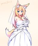  animal_humanoid big_breasts blonde_hair blue_eyes blush breasts canid canid_humanoid canine canine_humanoid cleavage clothed clothing dipstick_tail dress female fox_humanoid fully_clothed fur hair hi_res huge_breasts humanoid inner_ear_fluff jewelry light_skin long_hair looking_at_viewer mammal mammal_humanoid monotone_hair multicolored_tail necklace simple_background smile solo standing tuft tylwing wedding_dress wedding_veil yellow_background yellow_body yellow_fur 