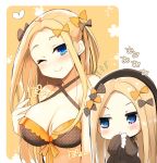  2girls abigail_williams_(fate/grand_order) bangs bare_shoulders bikini black_bikini black_bow black_dress black_headwear blonde_hair blue_eyes blush bow breasts chibi cleavage closed_mouth collarbone dress dual_persona fate/grand_order fate_(series) forehead hair_bow hat kujiran large_breasts long_hair looking_at_viewer looking_to_the_side multiple_bows multiple_girls older one_eye_closed orange_bikini orange_bow parted_bangs polka_dot polka_dot_bow ribbed_dress sleeves_past_fingers sleeves_past_wrists small_breasts smile swimsuit 