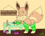  anal_beads beany_(character) beanydraws butt clothed clothing digital_media_(artwork) dildo eevee eeveelution english_text facing_viewer female feral fur genitals green_clothing green_eyes green_legwear green_nose green_stockings hindpaw knot legwear looking_at_viewer lube_bottle nintendo one_eye_closed pawpads paws pok&eacute;mon pok&eacute;mon_(species) pussy raised_paw raised_tail sex_toy simple_background smile socks solo spreading standing stockings tablet text video_games wink winking_at_viewer 