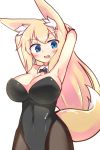  animal_humanoid big_breasts black_clothing blue_eyes blush bow_tie breasts canid canid_humanoid canine canine_humanoid cleavage clothed clothing dipstick_tail female fox_humanoid fully_clothed glistening glistening_clothing hair hands_behind_head hi_res humanoid inner_ear_fluff legwear leotard light_skin long_hair looking_at_viewer mammal mammal_humanoid monotone_hair multicolored_tail open_mouth open_smile raised_arm shirt_collar simple_background smile solo standing stockings strapless_clothing tuft tylwing white_background 