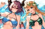  2girls :d ahoge anne_(shingeki_no_bahamut) bandaged_arm bandages bangs bare_shoulders bikini blue_bikini blue_hair blunt_bangs breasts choker cleavage collarbone commentary_request eyebrows_visible_through_hair flower from_above gradient_hair grea_(shingeki_no_bahamut) green_bikini greyscale hair_flower hair_ornament horns koretsuki_azuma large_breasts leaf looking_at_another looking_at_viewer looking_to_the_side lying medium_breasts monochrome multicolored_hair multiple_girls on_back open_mouth orange_hair parted_lips purple_hair red_eyes red_wings shingeki_no_bahamut short_hair smile swimsuit underboob upper_body upper_teeth water white_choker white_flower wings 