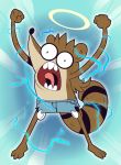  anthro cartoon_network clothing electricity halo hi_res inner_ear_fluff male mammal procyonid raccoon raised_arm regular_show rigby_(regular_show) screaming snappygrey solo torn_clothing tuft wide_eyed 