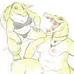  1:1 alligator alligatorid anthro areola belly bra breasts chubby_female claws clothing crocodilian female glacierclear hi_res looking_at_viewer navel nipples non-mammal_breasts open_mouth orange_sclera panties reptile scalie sharp_teeth simple_background slightly_chubby solo teeth tongue underwear white_background 