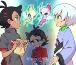  2boys alternate_color black_hair blue_eyes blue_robe blush celebi crying dark_skin dark_skinned_male episode_number eye_contact friends gen_2_pokemon gou_(pokemon) green_eyes grey_shirt highres holding holding_letter letter looking_at_another male_focus multiple_boys multiple_persona mythical_pokemon pokemon pokemon_(anime) pokemon_swsh032 pokemon_swsh_(anime) rain sad sara_bonetti shiny_pokemon shirt smile spiked_hair tokio_(pokemon) twitter_username white_hair younger 