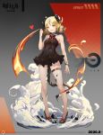  1girl :d absurdres arknights bangs bare_shoulders black_dress black_footwear blonde_hair breasts character_name choker dress fire full_body high_heels highres horns ifrit_(arknights) looking_at_viewer low_twintails mr.yu open_mouth orange_eyes oripathy_lesion_(arknights) short_hair sidelocks sleeveless sleeveless_dress smile solo standing tail thigh_strap twintails 