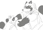  2020 anthro belly canid canine clothing duo hi_res humanoid_hands hysk kemono male mammal matsudaira_hirotada overweight overweight_male raccoon_dog robe sengoku_puzzle simple_background tanuki video_games white_background 