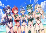  5girls aqua_eyes arms_under_breasts beach bikini black_hair blonde_hair blue_hair breasts clenched_hands double_v earthree_gundam green_hair gundam gundam_build_divers gundam_build_divers_re:rise hand_on_hip highres i.takashi jupitive_gundam long_hair marsfour_gundam mecha_musume medium_breasts mercuone_gundam midriff multiple_girls navel ocean one_eye_closed open_mouth personification red_hair short_hair smile swimsuit tied_hair twintails v v-fin veetwo_gundam 