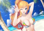  1girl ;d arm_behind_head armpits arms_up bangs bare_arms bare_shoulders beach bikini blonde_hair blue_bikini blue_eyes blue_sky blurry blurry_background blush breasts cleavage cloud cloudy_sky collarbone commentary_request day depth_of_field eyebrows_visible_through_hair green_bikini highres idolmaster idolmaster_cinderella_girls large_breasts long_hair looking_at_viewer ma_azi multicolored multicolored_bikini multicolored_clothes o-ring o-ring_top ocean one_eye_closed ootsuki_yui open_mouth outdoors palm_tree ponytail red_bikini shiny skindentation sky smile solo striped striped_bikini swimsuit tree upper_body upper_teeth water wavy_hair yellow_bikini 