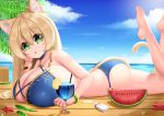  1girl :o absurdres animal_ear_fluff animal_ears bangle barefoot bikini blonde_hair blue_bikini bracelet breasts cat_ears cat_tail cloud cloudy_sky deck drink food fruit green_eyes highres huge_breasts jewelry kaedeno_yuu legs_up lemon long_hair lotion lying o-ring o-ring_bikini ocean on_stomach original palm_tree sky solo starfish sunscreen swimsuit tail tree watermelon 