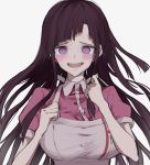  1girl apron bangs bare_arms blush breasts clenched_hands commentary_request cosplay danganronpa forced_smile grey_background highres iumi_urura large_breasts long_hair looking_at_viewer nervous new_danganronpa_v3 open_mouth pink_shirt puffy_short_sleeves puffy_sleeves purple_eyes purple_hair shirogane_tsumugi shirt short_sleeves simple_background smile solo spoilers super_danganronpa_2 sweat symbol-shaped_pupils tsumiki_mikan tsumiki_mikan_(cosplay) upper_body 