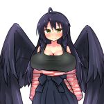  1:1 ahoge animal_humanoid asian_clothing avian avian_humanoid big_breasts biped black_body black_bottomwear black_clothing black_feathers black_hair blush bottomwear breasts cleavage clothed clothing east_asian_clothing european_mythology feathered_wings feathers female fully_clothed greek_mythology hair hakama harpy huge_breasts humanoid japanese_clothing light_skin long_hair looking_at_viewer monotone_hair mythological_avian mythology shirt simple_background solo standing tank_top topwear tylwing white_background wings yellow_eyes 