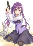  1girl bangs black_legwear black_skirt blush bunny closed_mouth collared_shirt floating_hair gochuumon_wa_usagi_desu_ka? gun hair_between_eyes handgun highres holding holding_gun holding_weapon kneeling long_hair long_sleeves looking_at_viewer medium_skirt pantyhose purple_eyes purple_hair purple_neckwear purple_vest rabbit_house_uniform shiny shiny_hair shirt skirt smile solo tedeza_rize twintails very_long_hair vest weapon white_shirt wild_geese wing_collar yujongzzang 