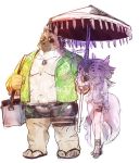  2020 anthro belly brown_body brown_fur canid canine canis clothed clothing domestic_dog duo eyewear fur fuyoudo624 hi_res kemono male mammal open_shirt overweight overweight_male shirt simple_background sunglasses swimwear tokyo_afterschool_summoners topwear video_games white_background yasuyori 