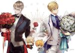  2boys ahoge arthur_pendragon_(fate) arthur_pendragon_alter_(fate) artist_name blonde_hair chibi fate/grand_order fate_(series) flower formal green_eyes hair_between_eyes looking_at_viewer multiple_boys multiple_views pvc_parfait rose simple_background star_(symbol) suit twitter_username watermark white_background white_flower white_rose white_suit yellow_eyes 