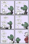  2:3 angie_(study_partners) anthro clothed clothing comic computer crocodile crocodilian crocodylid dialogue digital_media_(artwork) duo english_text female hi_res reptile scalie sitting study_partners text thunderouserections toony 