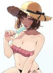  1girl absurdres bare_arms bare_shoulders bikini black_bird black_ribbon blush breasts brown_hair brown_headwear cleavage collarbone commentary_request deha_rou fingernails food frilled_bikini frills hat hat_ornament hat_ribbon highres holding holding_food large_breasts long_fingernails looking_at_viewer mismatched_bikini mole mole_on_body mole_under_eye open_mouth original pink_bikini pink_nails popsicle purple_eyes ribbon short_hair side-tie_bikini simple_background sitting skindentation solo straw_hat swimsuit tongue tongue_out white_background 