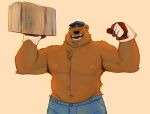  2020 absurd_res anthro belly bottomwear brown_body brown_fur clothing eyes_closed fur hat headgear headwear hi_res humanoid_hands male mammal moon_bara navel nipples overweight overweight_anthro overweight_male pants solo ursid 