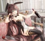  1girl animal_ears armpits bare_arms bare_shoulders black_legwear blue_eyes blurry bottle bow bowtie bracelet breasts brown_hair bunny_ears cheek_rest cleavage couch cup depth_of_field detached_collar drinking_glass highres holding holding_bottle indoors jewelry large_breasts leotard long_hair looking_at_viewer on_couch original outstretched_arm parted_lips ronopu sitting smile solo stomach_cutout strapless strapless_leotard thighhighs thighs two-tone_leotard very_long_hair white_leotard wine_bottle wine_glass 