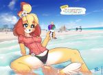  animal_crossing anthro apollo_(animal_crossing) blush breath_of_the_wild canid canine canis clothing detailed_background domestic_dog english_text female female_focus fluff-kevlar fur group isabelle_(animal_crossing) k.k._slider kass_(tloz) mammal nintendo shih_tzu shirt sitting smile snow_cone solo_focus swimwear text the_legend_of_zelda topwear toy_dog video_games yellow_body yellow_fur 