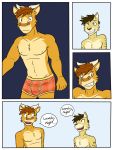  3:4 anthro bovid bovine boxer_briefs cattle caught cheetah clothed clothing comic dialogue duo embarrassed english_text felid feline fuze hi_res male mammal navel nipples text topless underwear underwear_only 