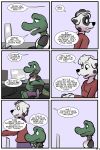 2:3 angie_(study_partners) anthro canid canine canis clothed clothing comic computer crocodile crocodilian crocodylid dalmatian dialogue digital_media_(artwork) domestic_dog duo english_text female hi_res mammal reptile scalie sitting study_partners text thunderouserections toony young 