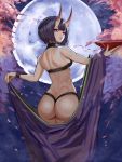 1girl absurdres ass back bangs bare_shoulders bob_cut breasts cherry_blossoms collarbone cup eyeliner fate/grand_order fate_(series) full_moon highres horns huge_filesize japanese_clothes kimono long_sleeves looking_at_viewer looking_back loooyd makeup moon night night_sky off_shoulder oni oni_horns open_clothes open_kimono parted_lips petals purple_eyes purple_hair purple_kimono revealing_clothes sakazuki short_hair shuten_douji_(fate/grand_order) skin-covered_horns sky small_breasts smile tree wide_sleeves 