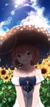  1girl absurdres bangs bare_shoulders blue_sky brown_eyes brown_hair cloud collarbone day dress eyebrows_visible_through_hair field flower flower_field hat highres kantai_collection looking_at_viewer open_mouth outdoors short_hair sky smile solo speaking_tube_headset straw_hat suisen-21 sun sunflower sunlight yukikaze_(kantai_collection) 