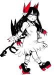  1girl black_hair closed_eyes demon_girl demon_tail demon_wings dress hands_up highres horns ink_(medium) juugoya_(zyugoya) limited_palette long_hair merii_(musuko_ga_kawaikute_shikatanai_mazoku_no_hahaoya) musuko_ga_kawaikute_shikatanai_mazoku_no_hahaoya red_horns shoes smile strapless strapless_dress tail traditional_media walking wings younger 