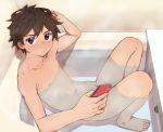  1boy :/ arm_up bangs barefoot bath bathing bathtub blush brown_hair cellphone collarbone convenient_censoring dripping elbow_rest eroemodoki feet fingernails from_above groin hand_on_own_head hand_up highres hip_bones holding holding_phone indoors knees_up looking_at_viewer male_focus navel nipples nude original partially_submerged phone purple_eyes reclining smartphone solo spiked_hair steam toenails water wet 