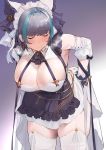  1girl :3 animal_ears armpit_crease azur_lane bangs bare_shoulders blue_hair blush breasts cheshire_(azur_lane) cleavage closed_eyes closed_mouth covered_nipples detached_sleeves dress dress_lift eyebrows_visible_through_hair fang frilled_headband frilled_ribbon frills garter_straps gradient gradient_background hairband hanging_breasts heavy_breathing iku_(ikuchan_kaoru) large_breasts leaning_forward lifted_by_self maid_headdress multicolored_hair puffy_sleeves purple_hair ribbon short_hair skin_fang smile solo standing streaked_hair thighhighs thighs white_legwear wrist_cuffs 