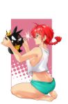  1other absurdres ahoge angry animal ass bandana bare_legs barefoot blue_eyes braid breasts dimples_of_venus full_body genderswap genderswap_(mtf) highres holding holding_animal looking_at_another loose_clothes loose_shirt nail_polish omiiverse p-chan pig piglet ranma_1/2 red_hair saotome_ranma seiza shirt sideboob sitting toenails 