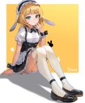  1girl animal_ears apron artist_name ass bangs black_footwear blonde_hair blue_eyes blush breasts bunny_ears center_frills commentary dress fleur_de_lapin_uniform floppy_ears frilled_apron frilled_cuffs frilled_dress frills full_body gochuumon_wa_usagi_desu_ka? green_eyes hand_up highres kirima_sharo knees_up looking_at_viewer maid maid_dress maid_headdress puffy_short_sleeves puffy_sleeves shadow shoes short_hair short_sleeves simple_background sitting sl86 small_breasts smile solo thighhighs underbust waist_apron white_apron white_legwear wrist_cuffs yellow_background 