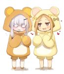  2girls abigail_williams_(fate/grand_order) animal_costume animal_ears bangs bear_costume bear_ears bear_hood blonde_hair blue_eyes blush bow chibi fate/grand_order fate_(series) forehead horns kujiran lavinia_whateley_(fate/grand_order) long_hair looking_to_the_side multiple_girls onesie open_mouth parted_bangs purple_eyes simple_background single_horn smile wavy_mouth white_background white_hair wide-eyed yellow_bow 