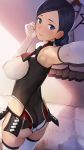  1girl agatsuma_kaede&#039;s_mom alice_gear_aegis armpits ass black_hair blue_eyes blush closed_mouth commentary_request elbow_gloves gloves hair_bun highres leotard pelvic_curtain sasayuki school_uniform self_shot white_legwear 